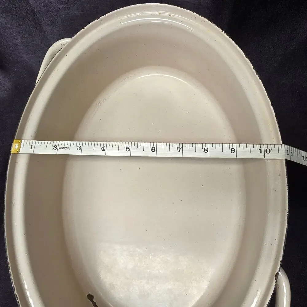 Vintage Large Tan & Brown Iron Roaster Frying Pan Roasting Pot Casserole Dish